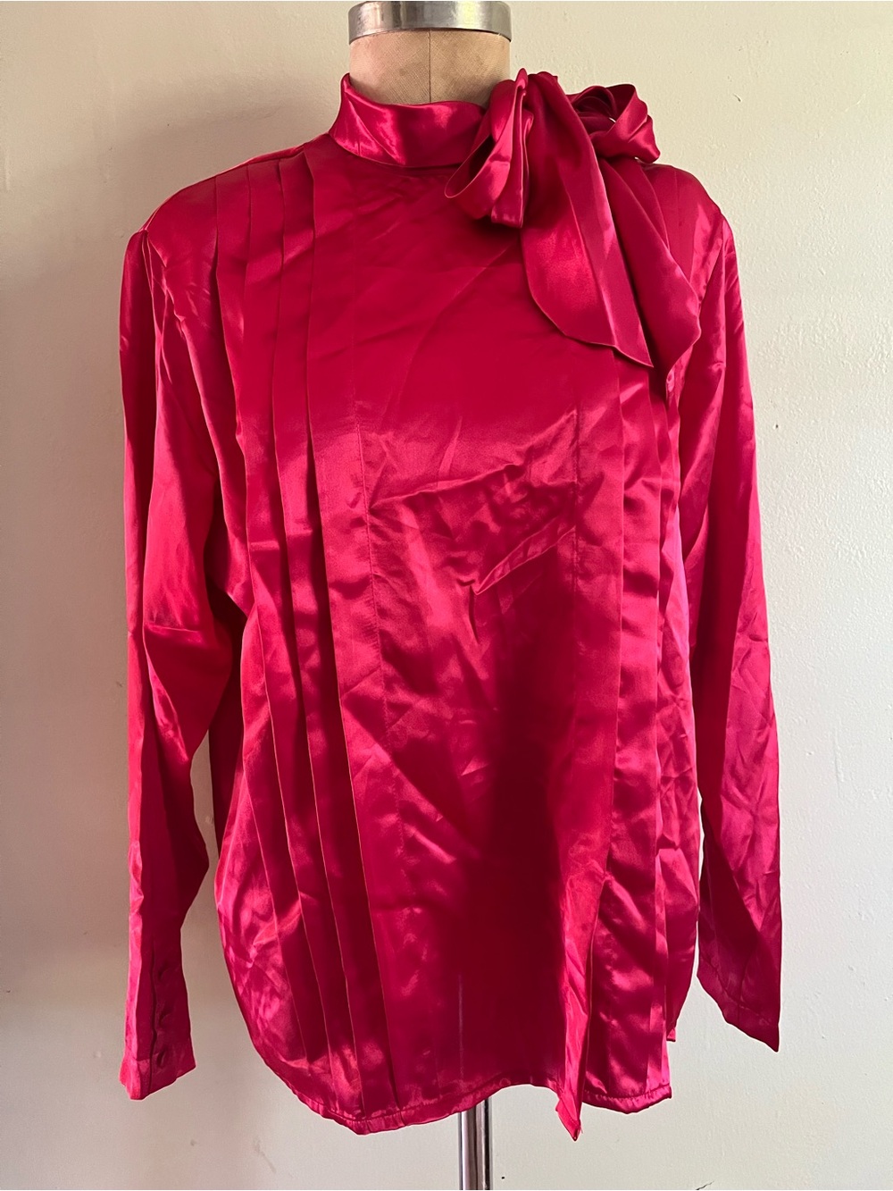Women's Fuchsia Satin Tie-Neck Blouse with Pleated Front